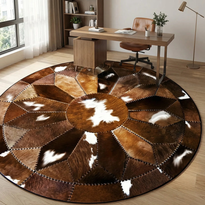 Round decorative area rug with wavy Flowique design. Perfect for living room & bedroom. Washable, non-slip home decor.