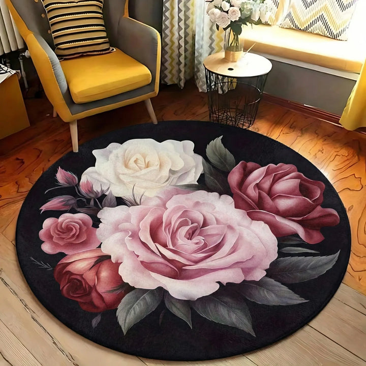 Round floral area rug with plush comfort and non-slip design, perfect for living room or bedroom home decor.