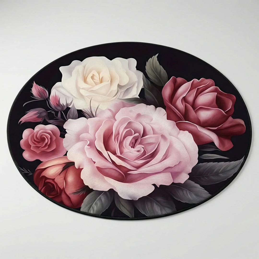 Flowique round floral area rug featuring soft waves, plush comfort, and non-slip backing for modern home decor.