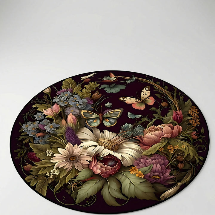 Decorative round floral rug with butterfly motif & abstract waves. Non-slip accent rug for bedrooms.