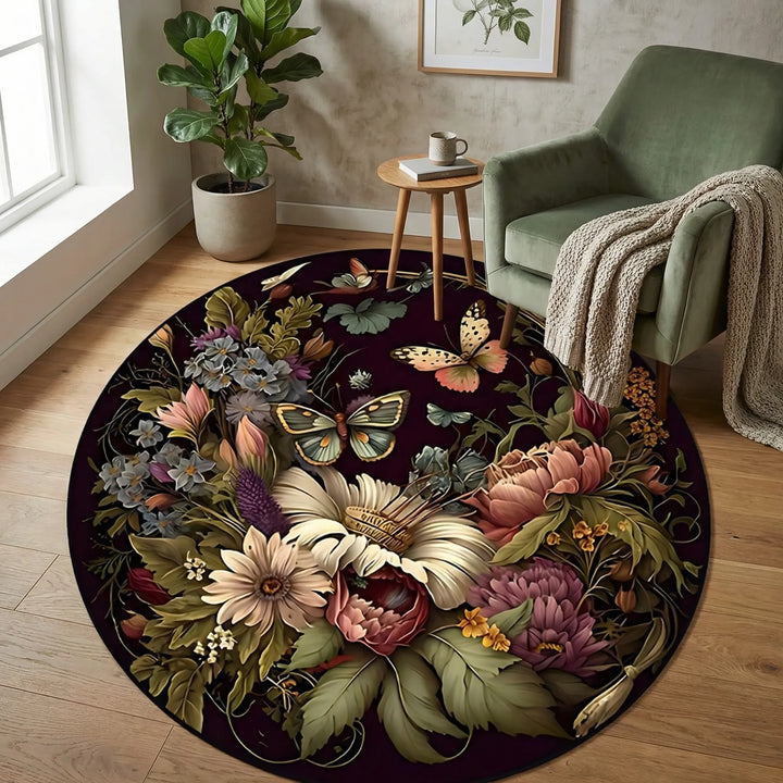 Vibrant round Flowique floral rug with wave pattern & butterfly accents. Non-slip decorative rug for homes.