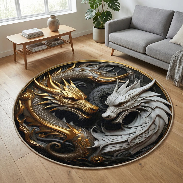 Round Flowique dragon area rug with wave design, perfect for home decor & mythical flair.