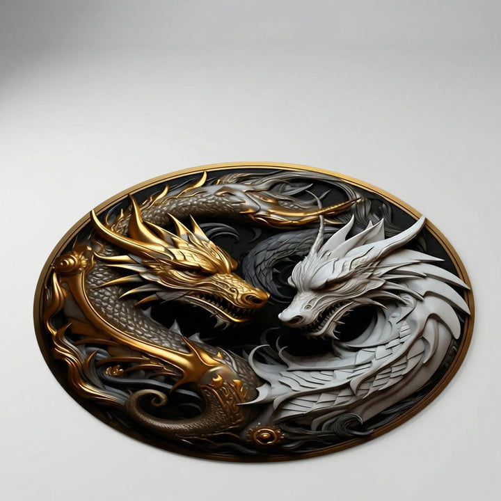 Indoor-outdoor round dragon rug, Flowique wave design for striking floor decor & home accents.