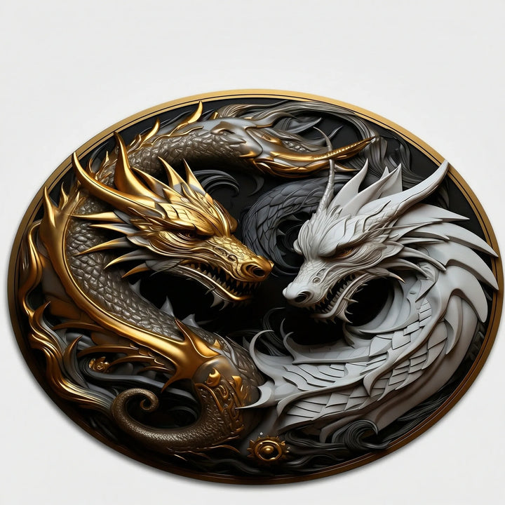 Mythical dragon round area rug with elegant wave pattern, a stunning decorative statement piece.