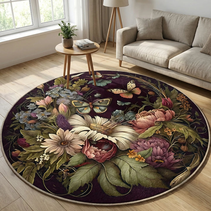 Round Flowique floral area rug with decorative waves for living room. Soft, washable, and non-slip home decor accent.