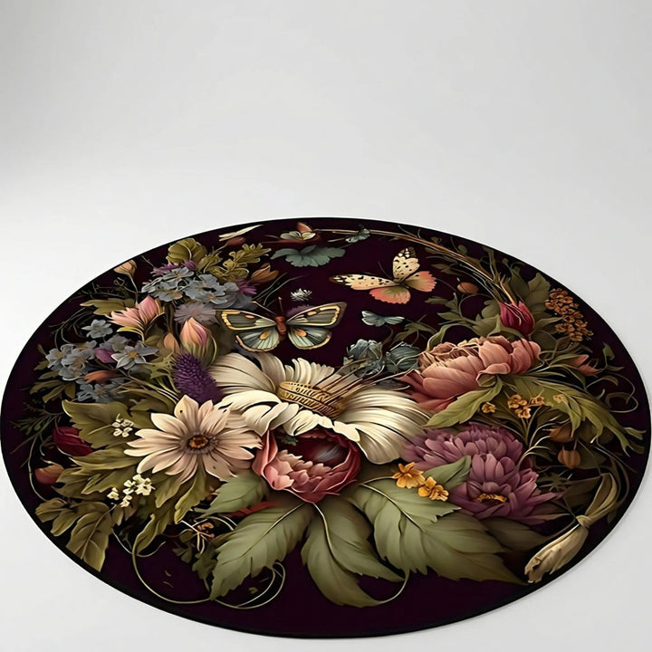 Flowique round floral area rug; soft, decorative botanical design for living room or bedroom. Washable, non-slip accent.
