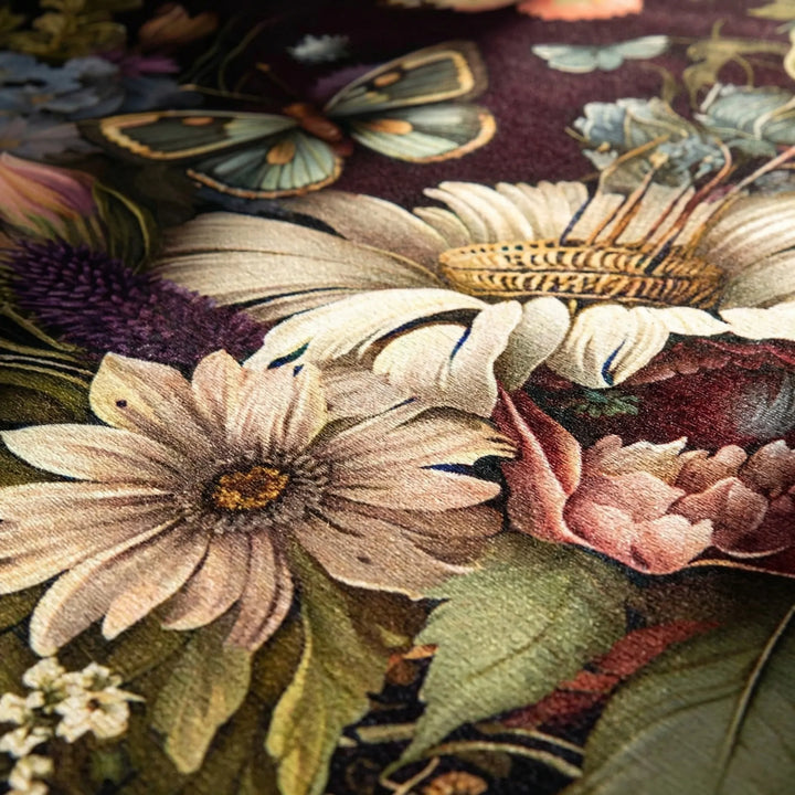 Decorative Flowique round area rug featuring elegant floral waves. Soft, washable, non-slip accent for modern home decor.
