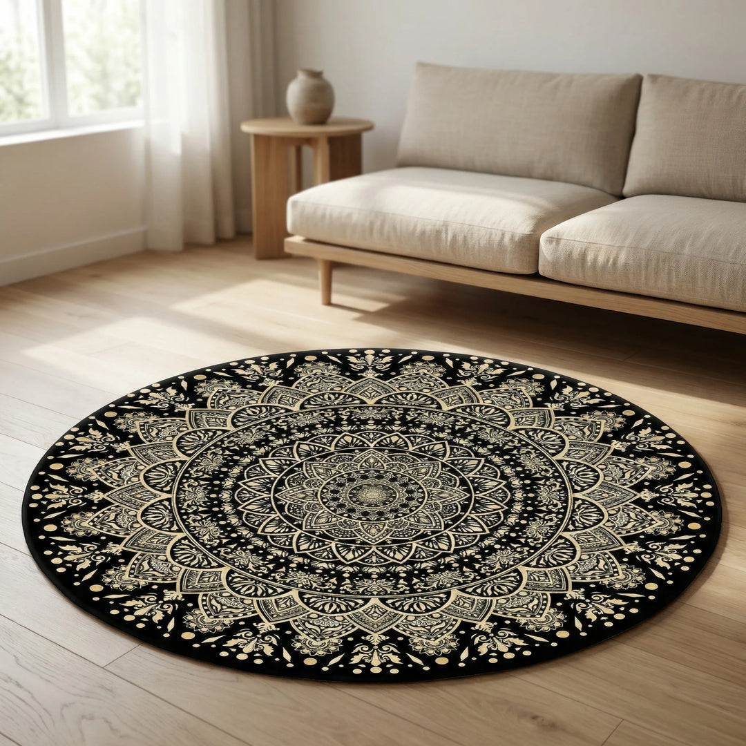 Round Flowique Mandala area rug for living room. Black and gold decorative, washable, non-slip statement rug for home.