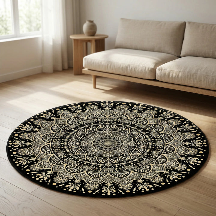 Round Flowique Mandala area rug for living room. Black and gold decorative, washable, non-slip statement rug for home.