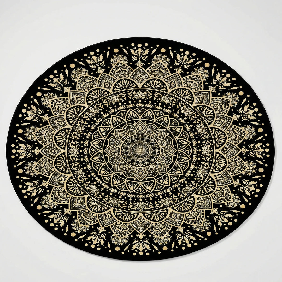 Black and gold round mandala area rug with Flowique wave pattern. Perfect decorative statement rug for bedroom decor.