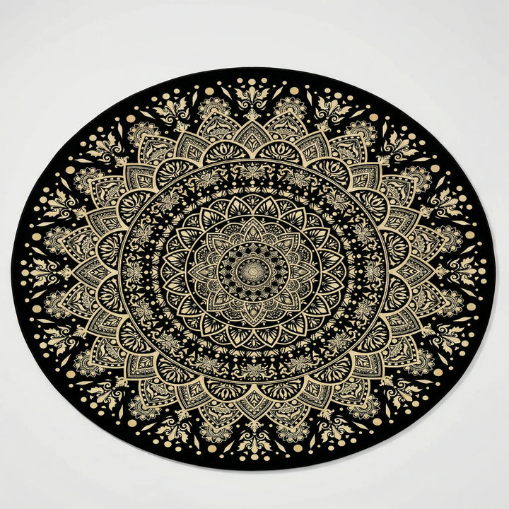 Black and gold round mandala area rug with Flowique wave pattern. Perfect decorative statement rug for bedroom decor.