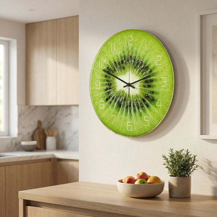 Round fruit print wall clock for cheerful kitchen decor, adding a bright accent.