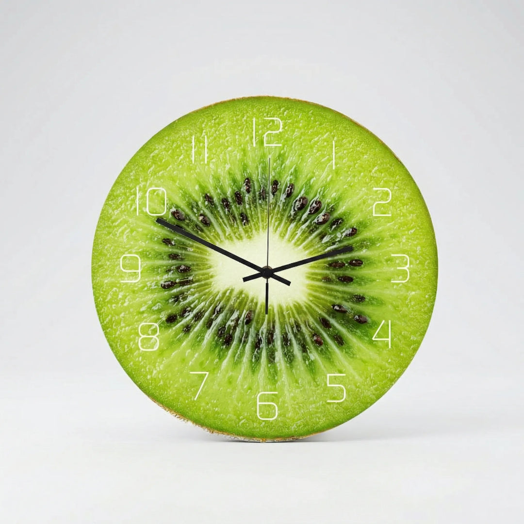 Decorative round wall clock with vibrant fruit print, ideal for cheerful kitchen decor.