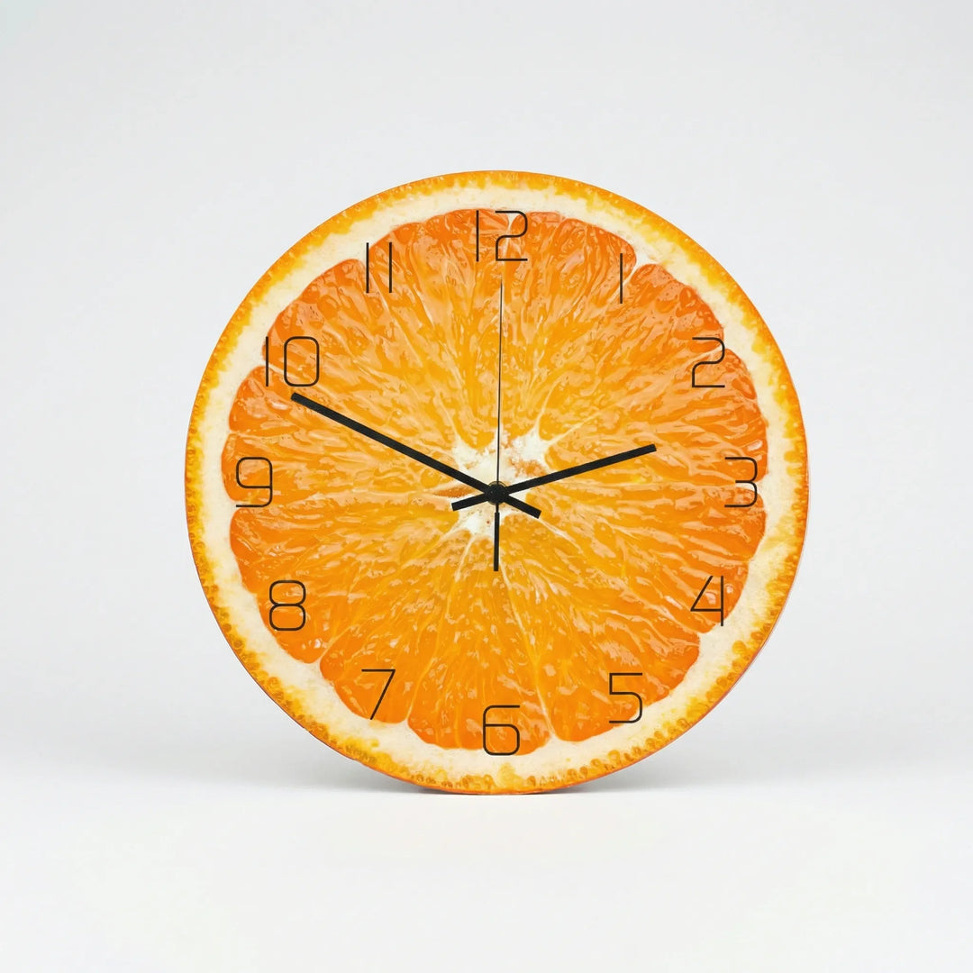 Modern round fruit print wall clock adds a bright, cheerful touch to home decor.