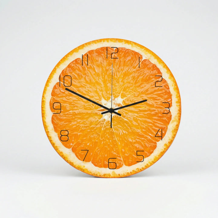Modern round fruit print wall clock adds a bright, cheerful touch to home decor.