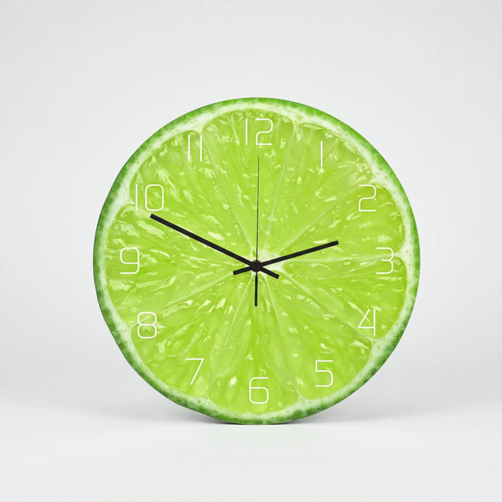 Silent round wall clock featuring a colorful fruit print for kitchen or living room.