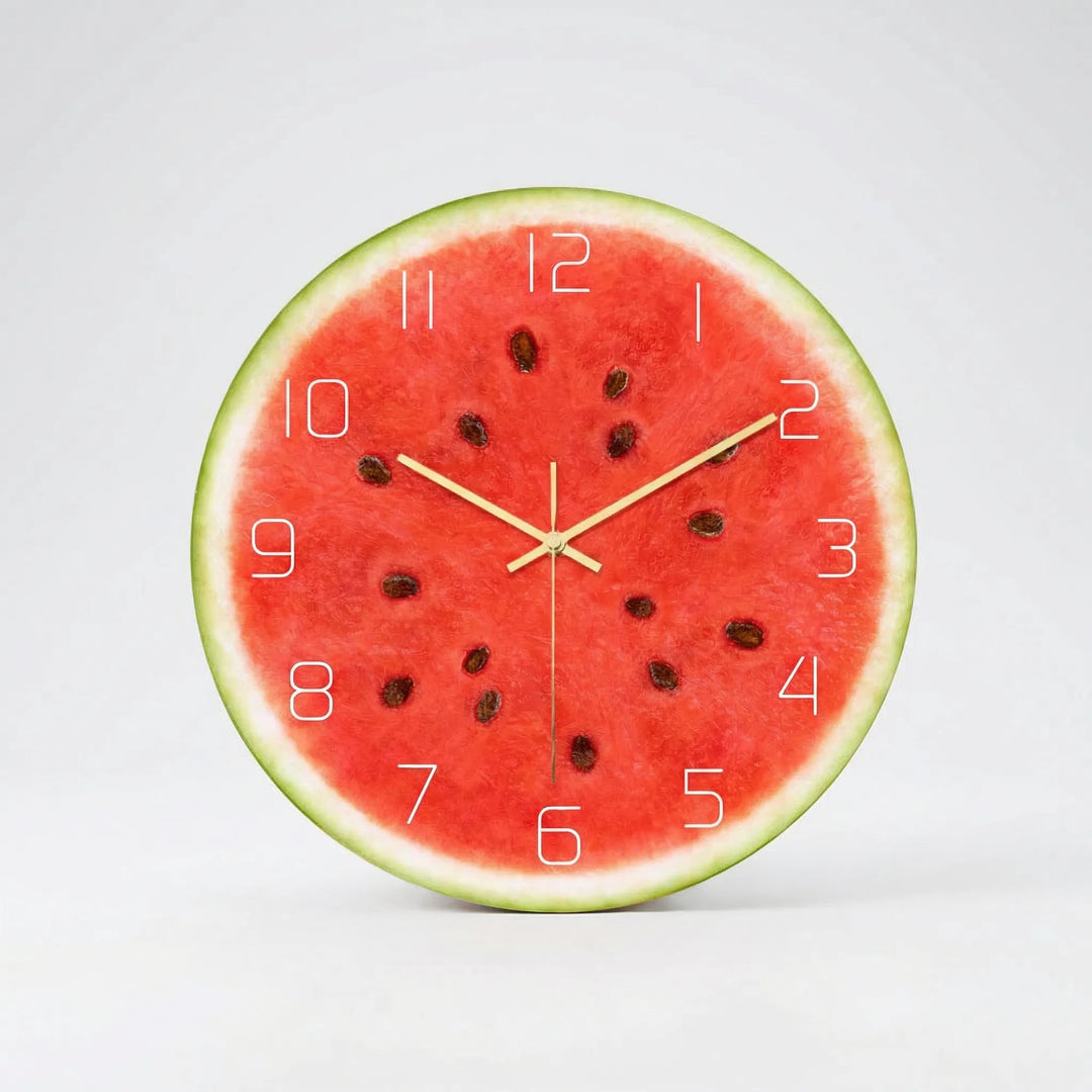 Playful round fruit print wall clock, a cheerful and bright accent for children's room.