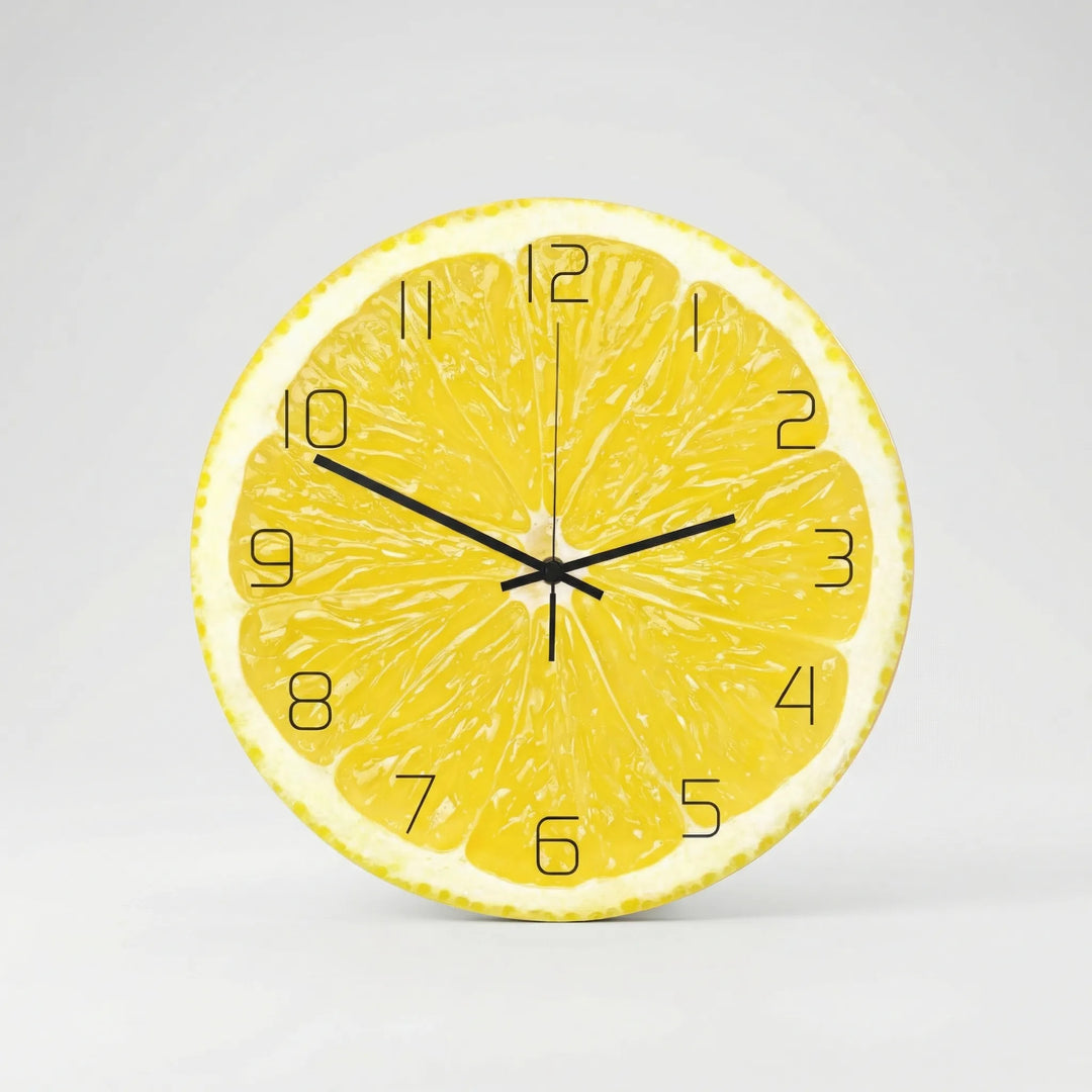 Stylish fruit print wall clock, round design, perfect for modern kitchen or nursery decor.