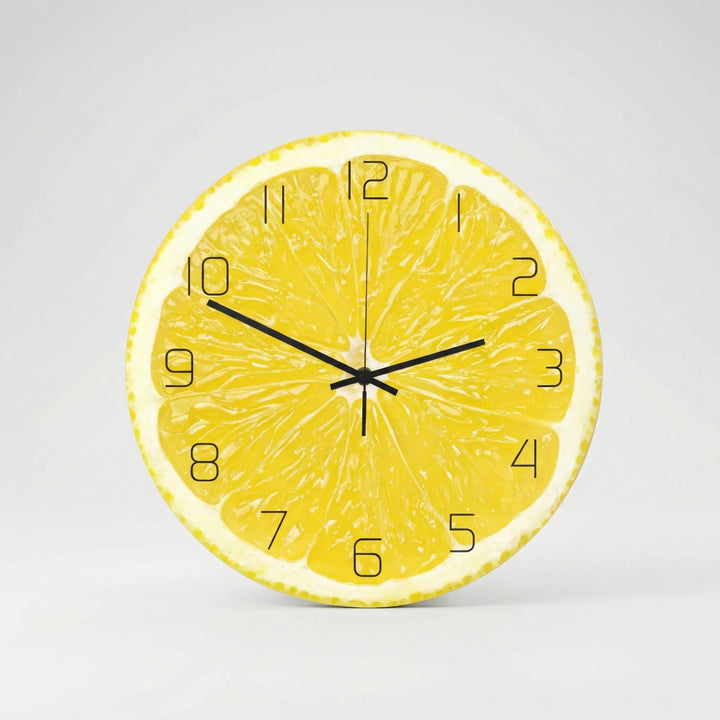 Stylish fruit print wall clock, round design, perfect for modern kitchen or nursery decor.
