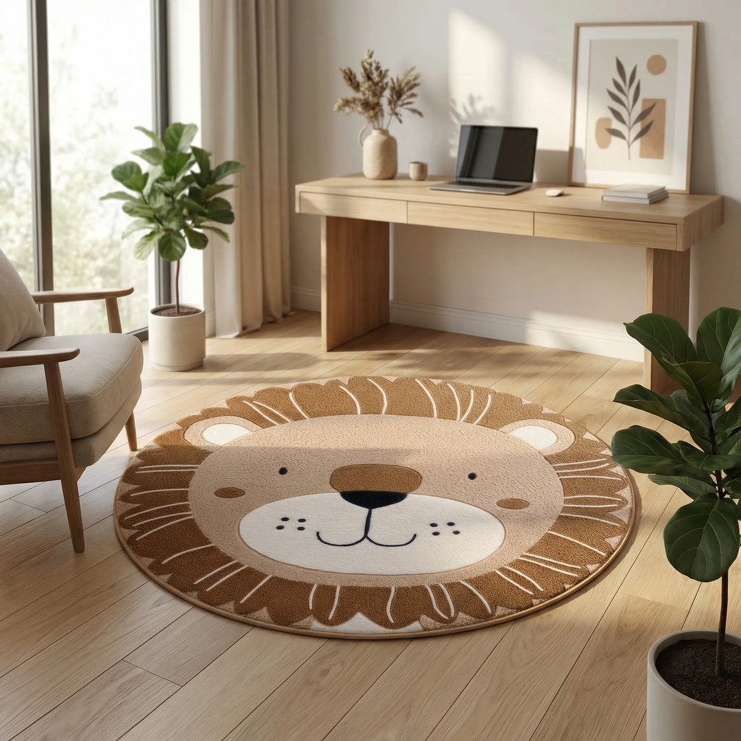 Round kids' play rug with charming animal design. Soft, non-slip decorative rug for nursery & children's bedroom. Easy clean.