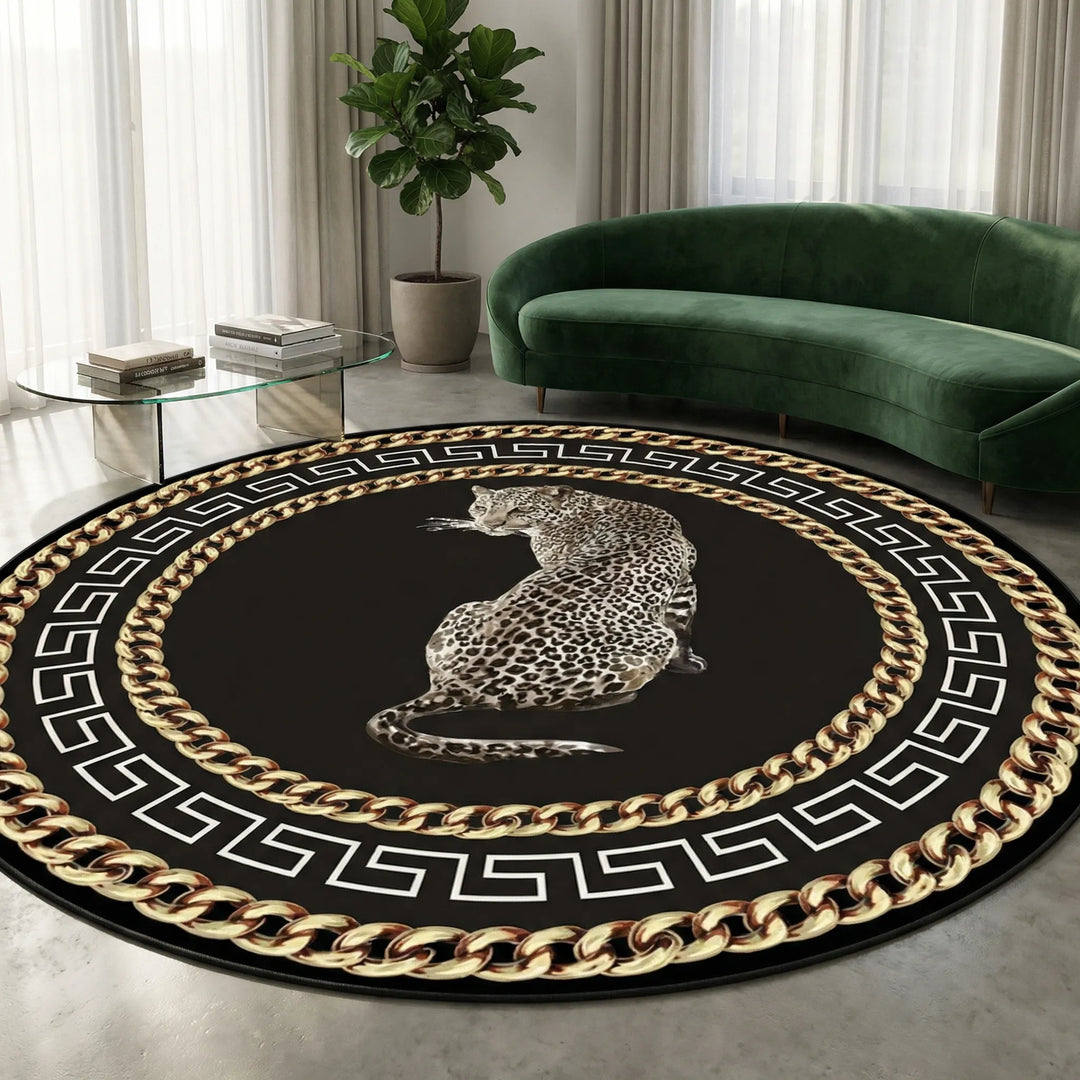 Round leopard print area rug for living room. Statement animal print floor decor, Flowique washable design.