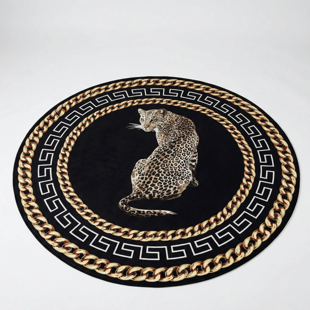 Stylish round leopard print area rug. Flowique statement floor decor for modern bedroom or living room.