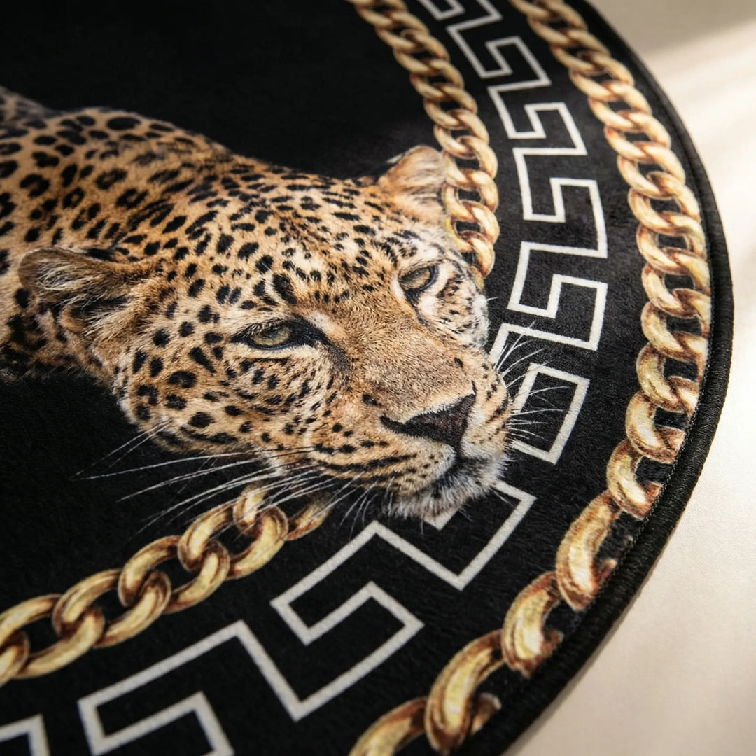 Vibrant leopard print round area rug with wave pattern. Washable animal print floor decor, great for home.