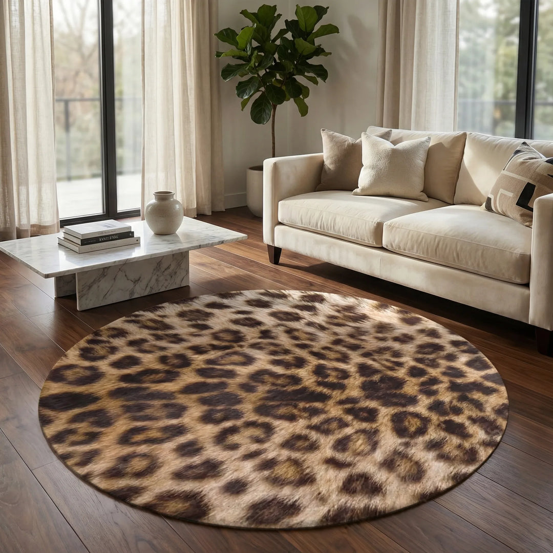 Round leopard print area rug with stylish wave design, perfect for a living room statement piece.