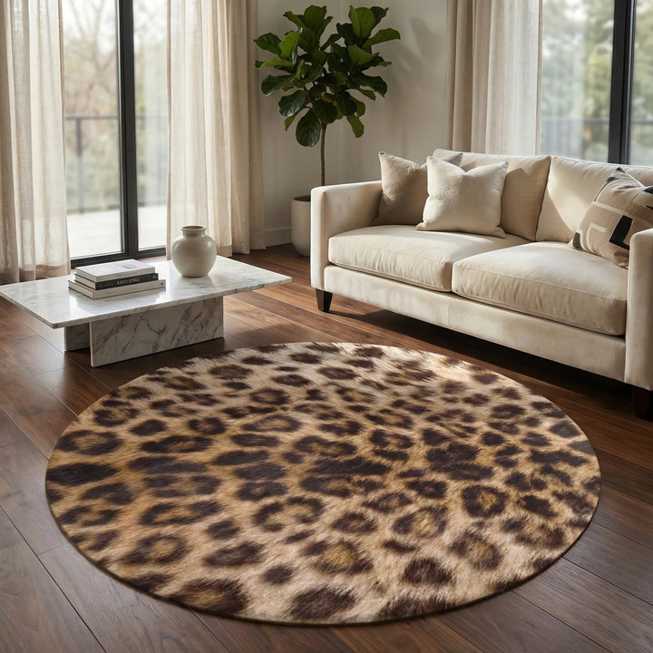 Round leopard print area rug with stylish wave design, perfect for a living room statement piece.