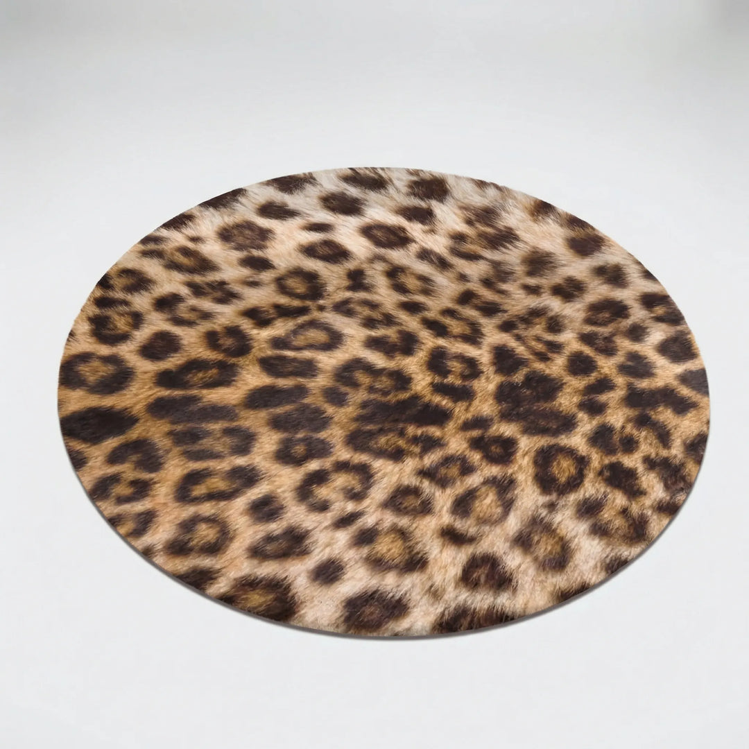 Flowique round leopard print area rug, non-slip, ideal for modern home decor in bedrooms & entryways.