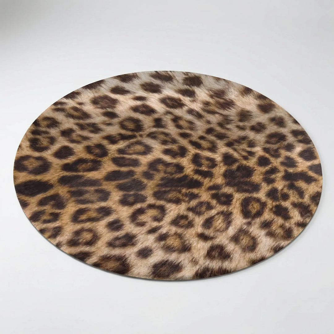 Decorative round leopard print floor rug, non-slip, suitable for living room, bedroom, or entryway areas.