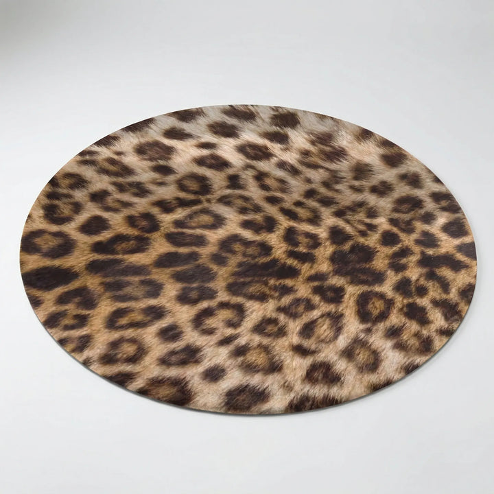 Decorative round leopard print floor rug, non-slip, suitable for living room, bedroom, or entryway areas.