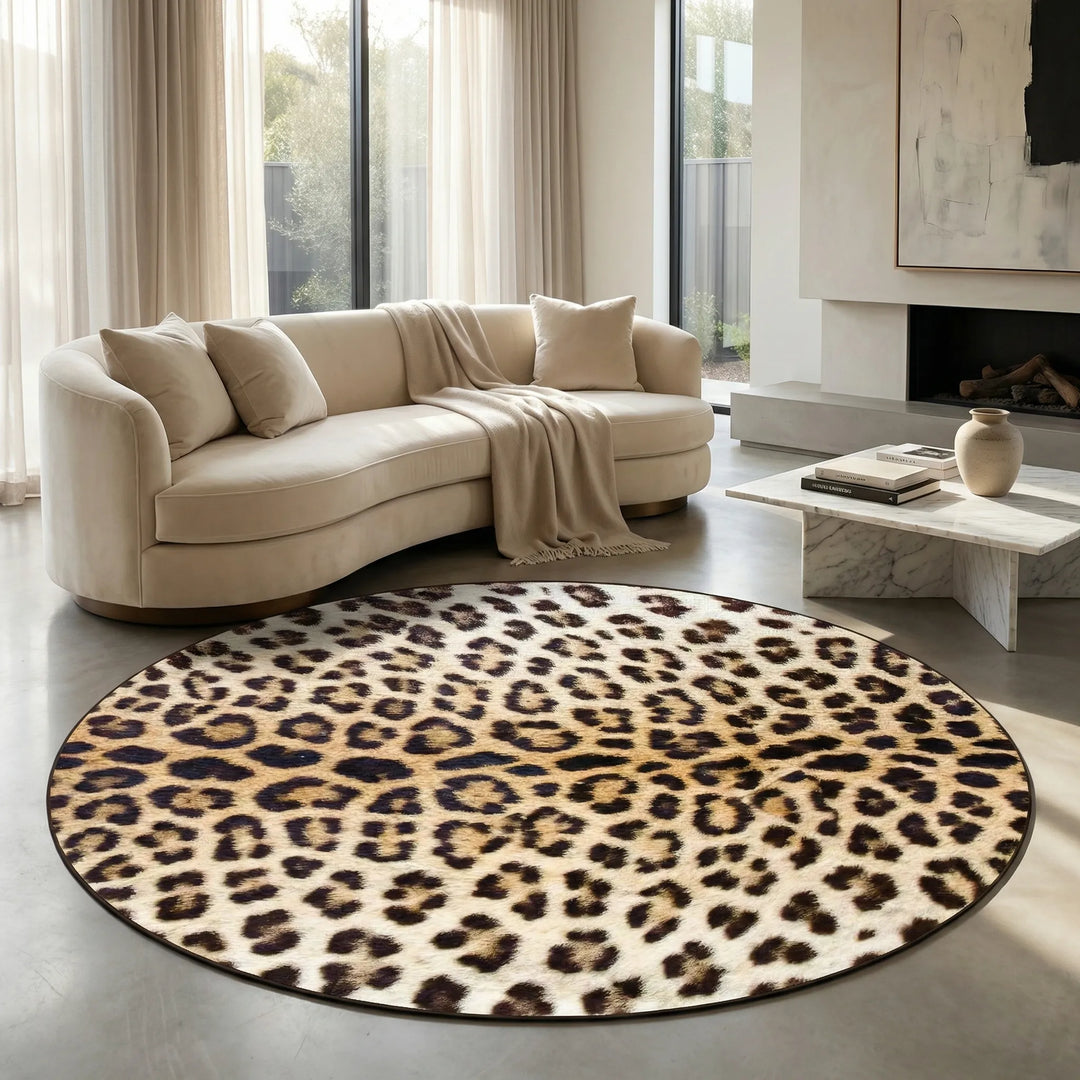 Round leopard print area rug with stylish waves, perfect for modern living room or bedroom decor.