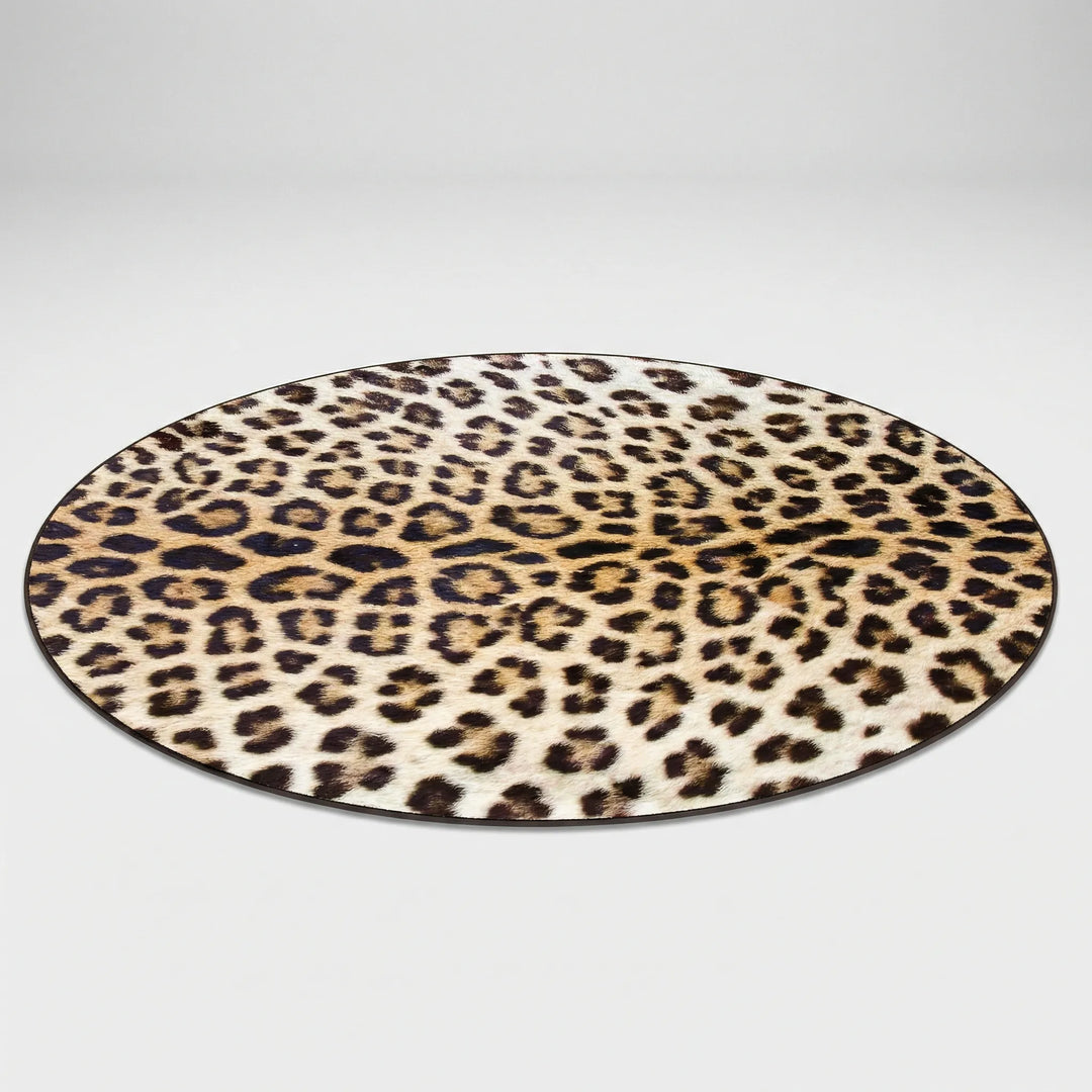 Washable round leopard print area rug, a stylish animal print floor covering for any home.