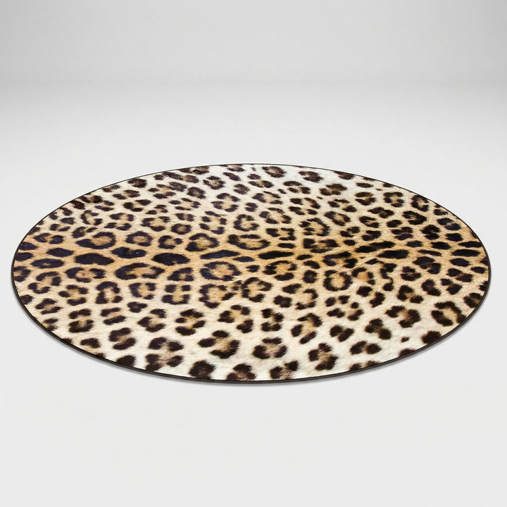 Washable round leopard print area rug, a stylish animal print floor covering for any home.