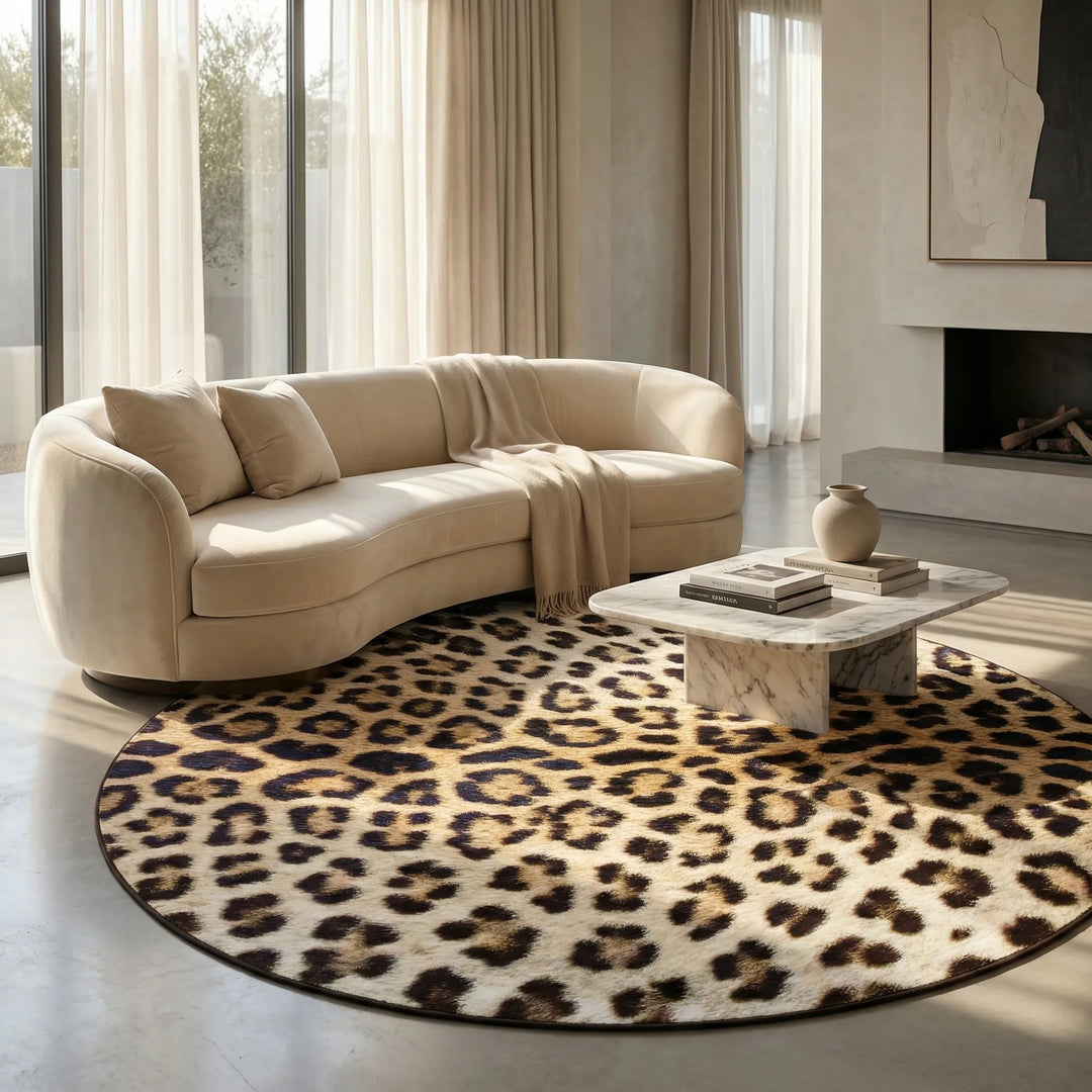 Flowique statement round leopard print area rug, adding stylish animal print to your living space.