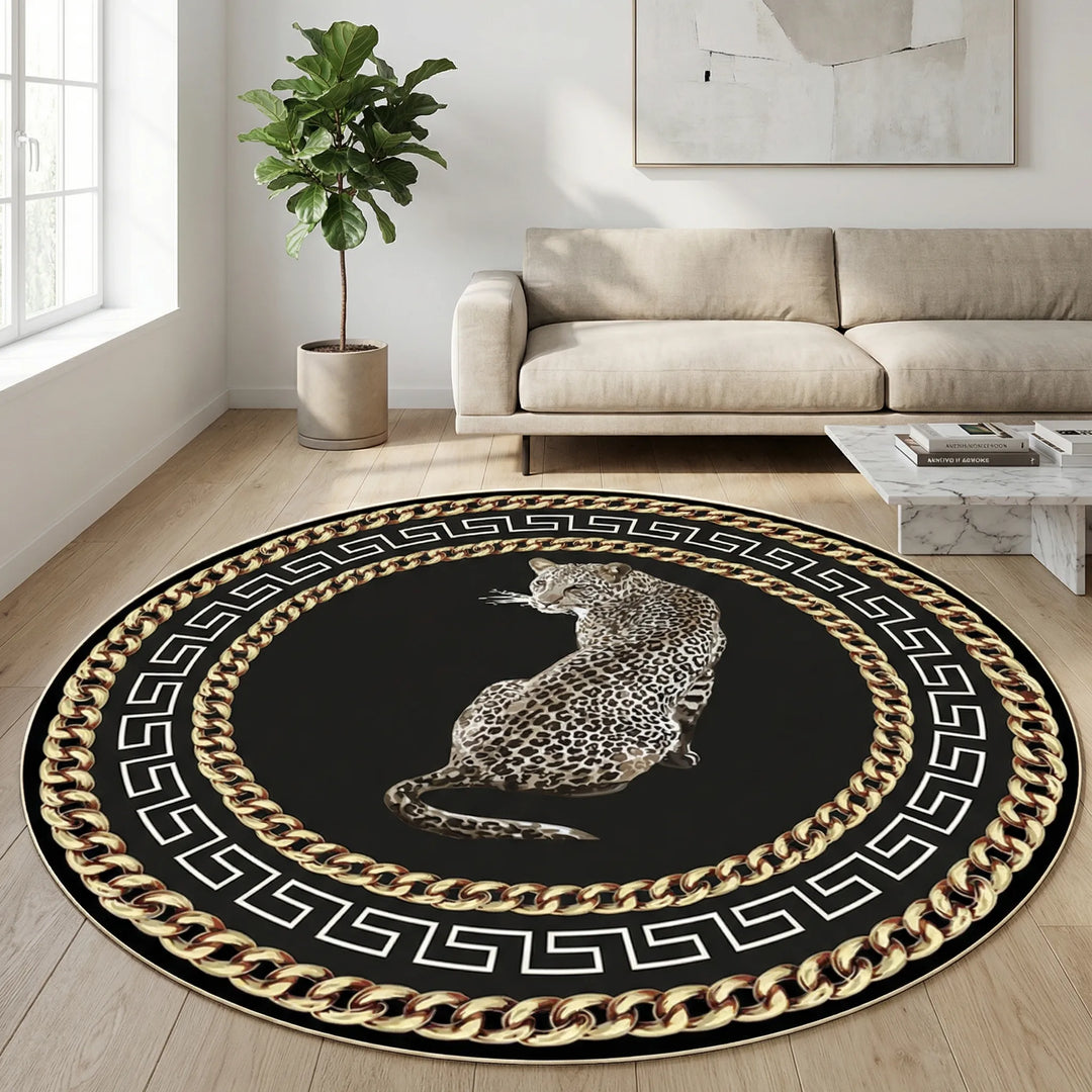 Round leopard print area rug with unique wave pattern. Washable, non-slip indoor statement rug for modern home decor.