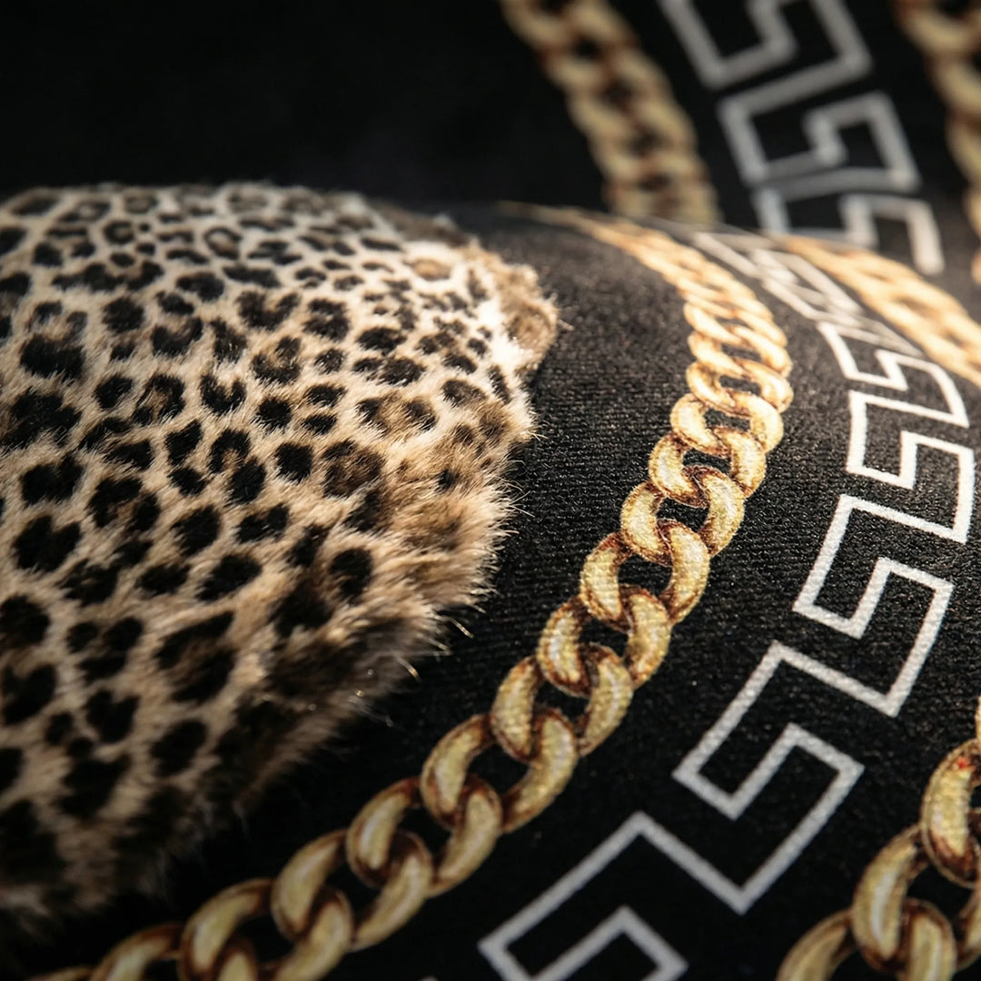 Flowique washable round leopard print area rug. Non-slip indoor statement rug with elegant wave pattern for home decor.