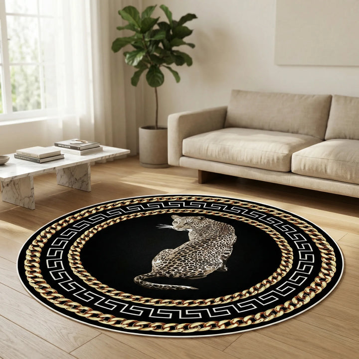 Eye-catching round leopard print area rug with a modern wave design. Perfect non-slip, washable indoor rug for any room.