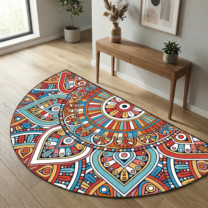 Vibrant round mandala rug with waves, a washable indoor outdoor floor covering.