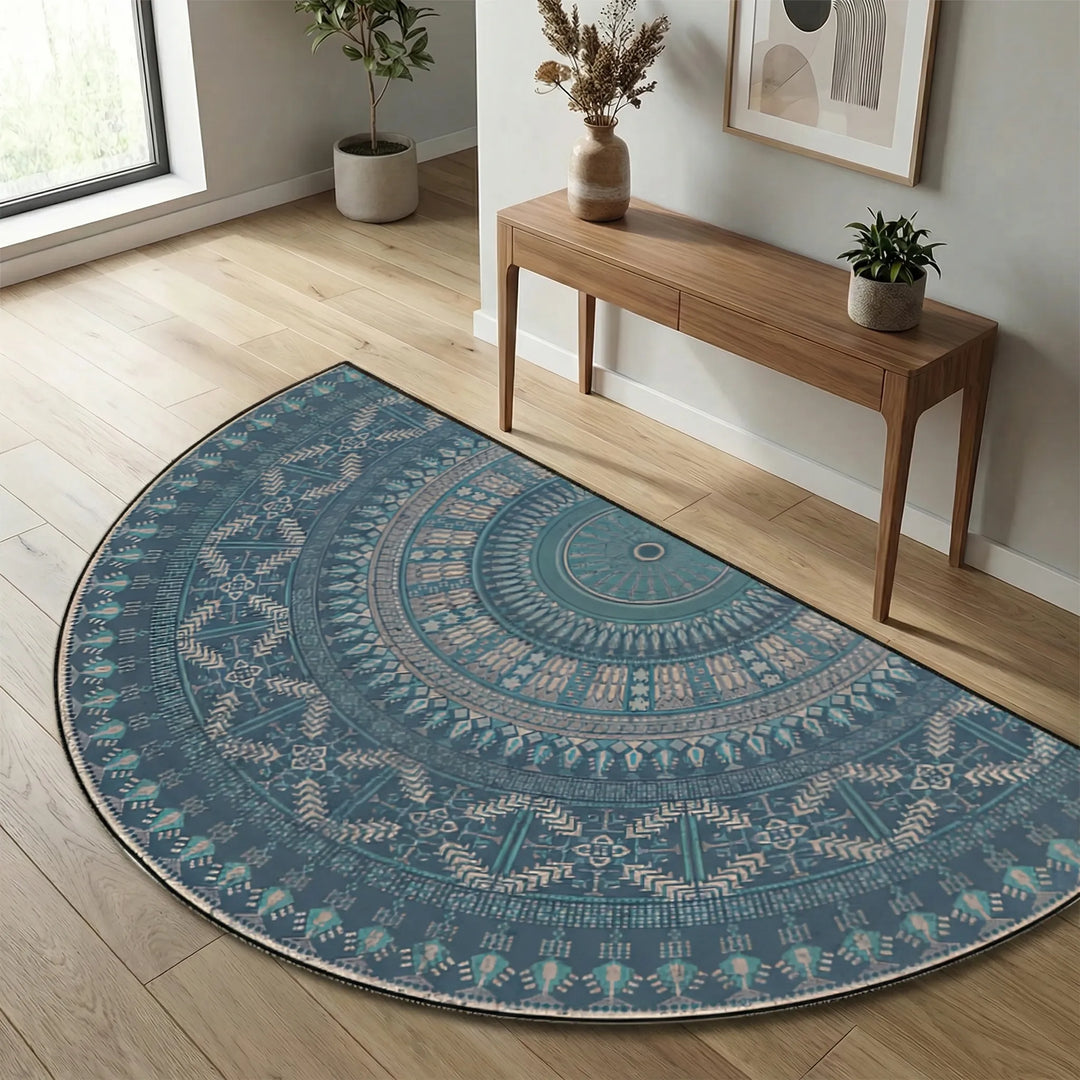 Boho round mandala rug with wave patterns, perfect for modern home decor.