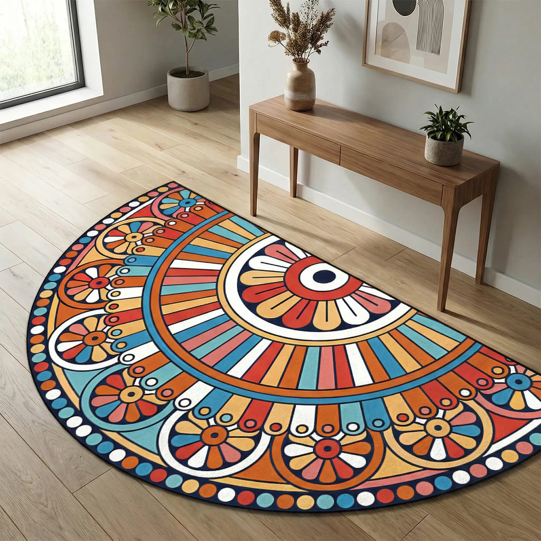Statement round mandala rug with wave pattern, enhances home interior.
