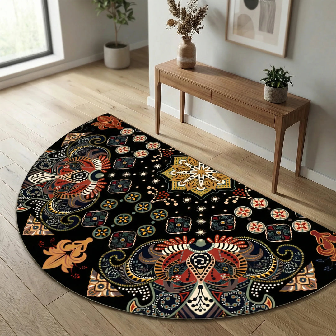 Washable non-slip round area rug, Flowique Mandala design for boho homes.