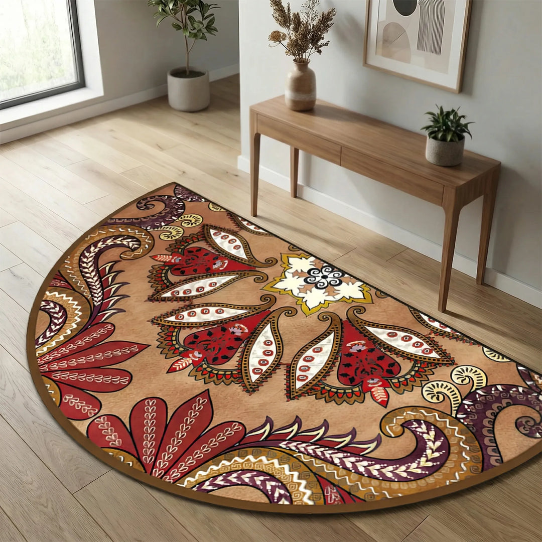 Round boho mandala rug with wave design, versatile indoor outdoor floor decor.