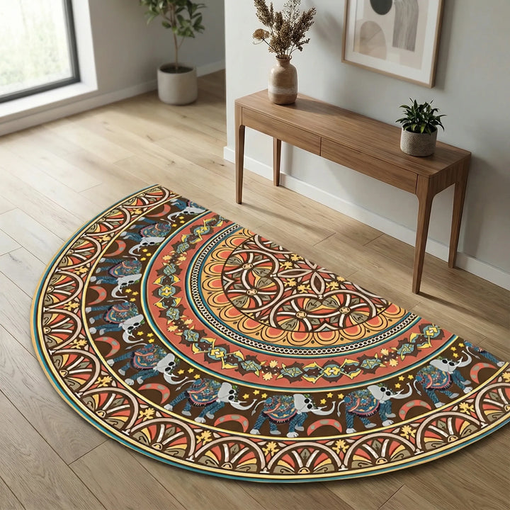 Flowique round mandala area rug, a washable & non-slip boho home decor accent.