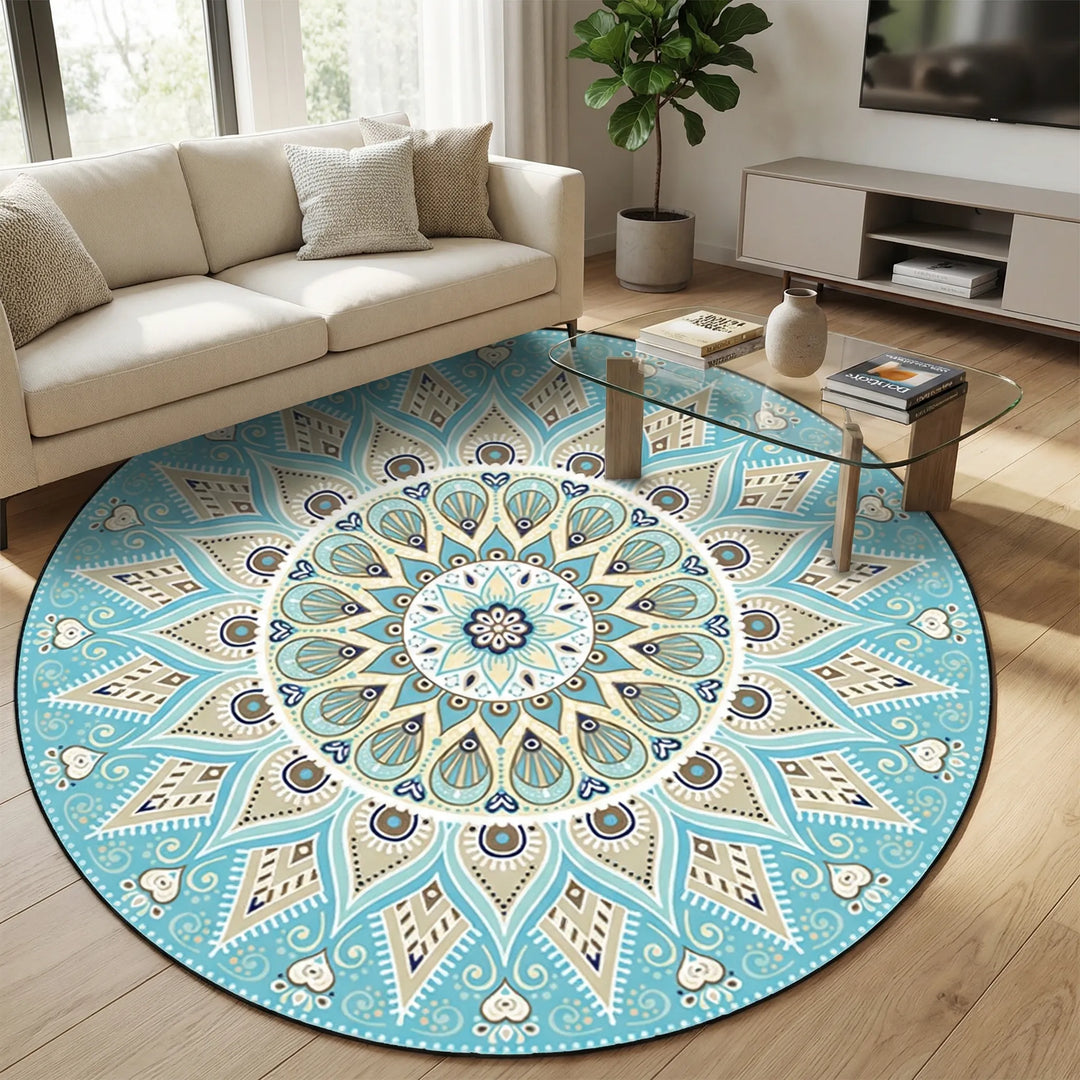Round Mandala Flowique area rug with wave pattern. Washable & non-slip decorative statement piece for home decor.
