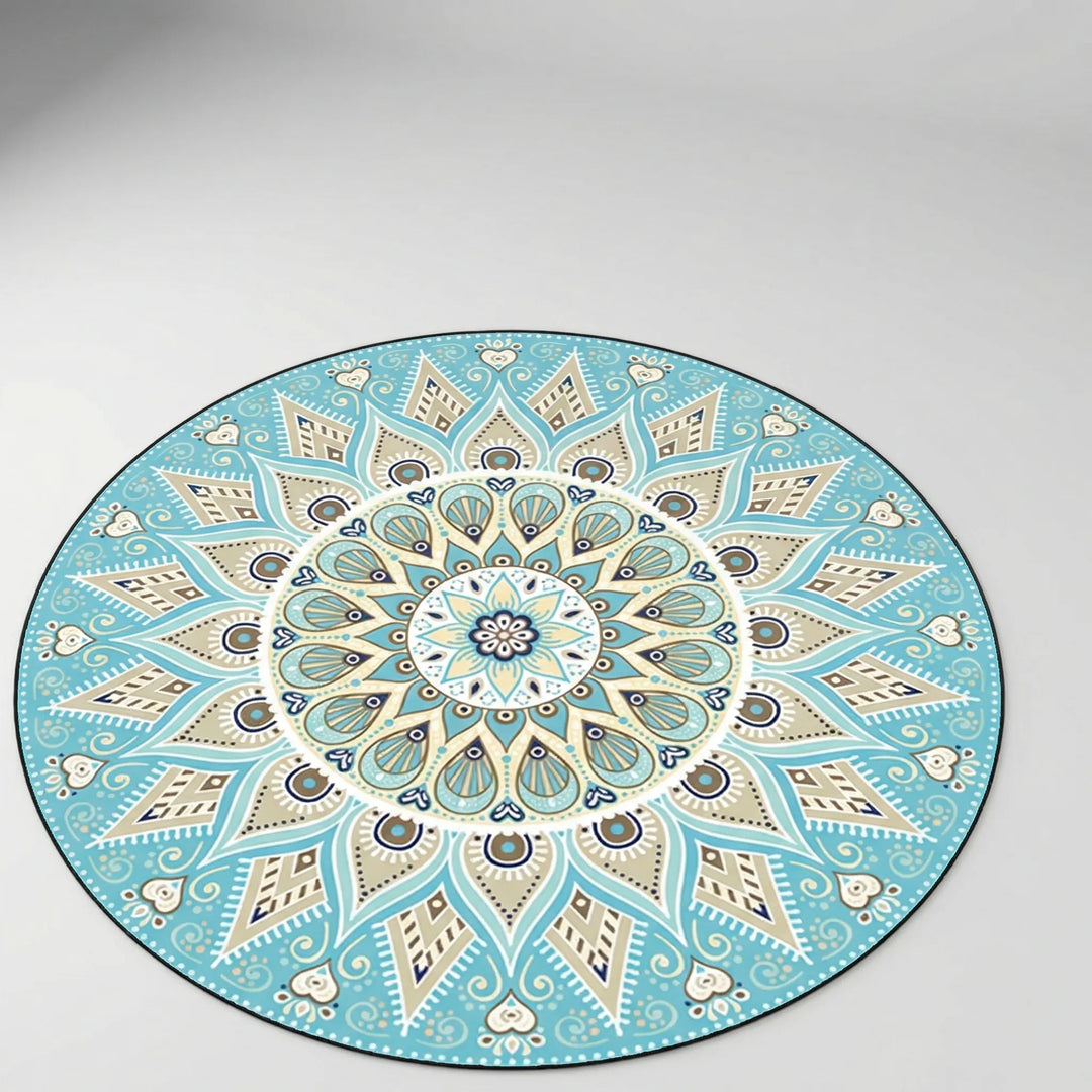 Vibrant round mandala area rug featuring Flowique waves. Non-slip, washable rug for living room or bedroom.