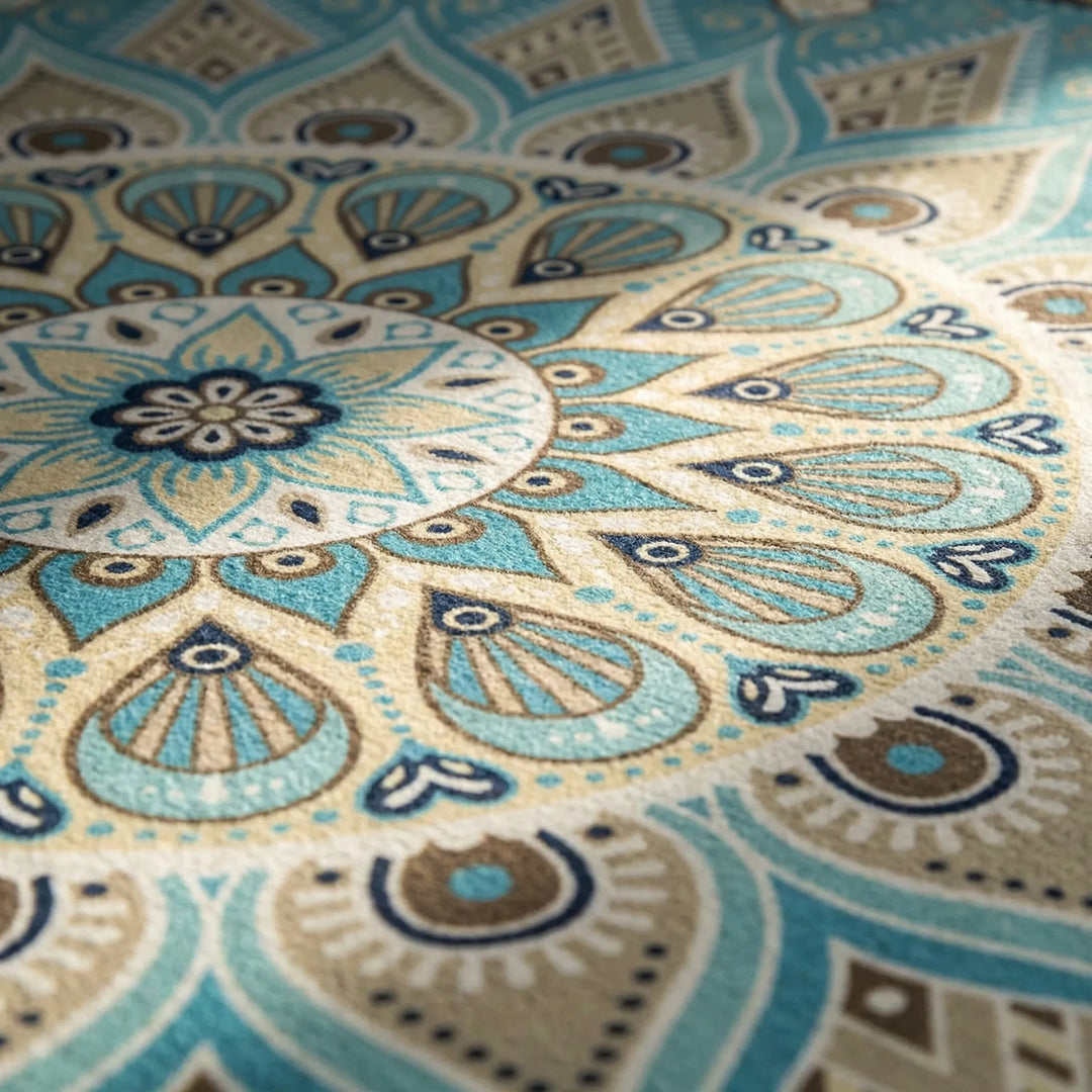 Decorative round mandala floor rug with unique Flowique wave design. Washable & non-slip for any modern home.