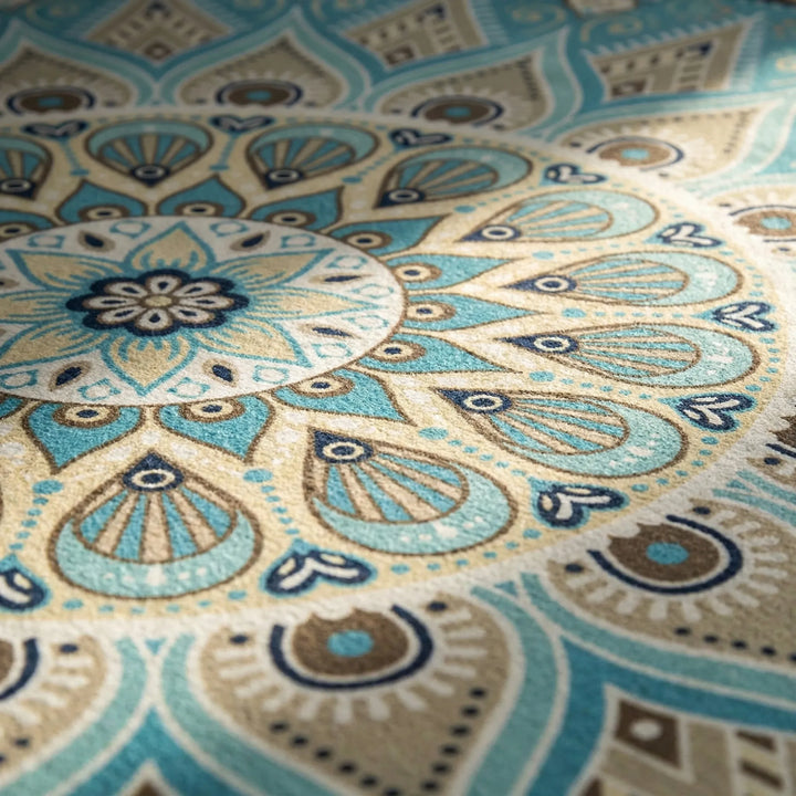 Decorative round mandala floor rug with unique Flowique wave design. Washable & non-slip for any modern home.