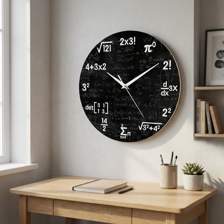 Round novelty wall clock with math equations, perfect for educational home, office, or study decor. Silent modern design.
